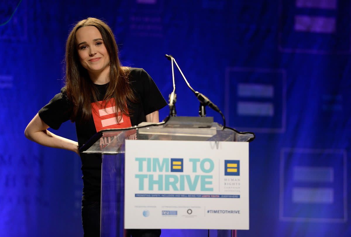 "Juno" star Ellen Page came out as a gay woman in a moving personal speech at the Human Rights Campaign's Time to Thrive conference benefiting LGBT youth in Las Vegas, Nevada. "I'm here today because I am gay," Page, 26, told the audience, "I am tired of hiding and I am tired of lying by omission," she said on Feb. 14, 2014.