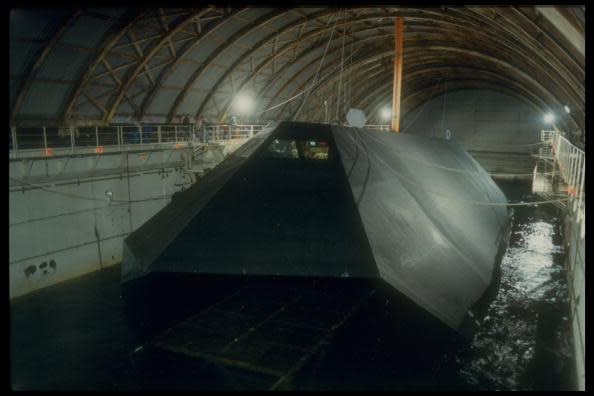 Sea Shadow test craft built (by Lockheed) as limited mobility platform to explore advanced technologies for surface ships, in 1st daylight test off coast of southern CA.  (Photo by Time Life Pictures/US Navy/Time Life Pictures/Getty Images)