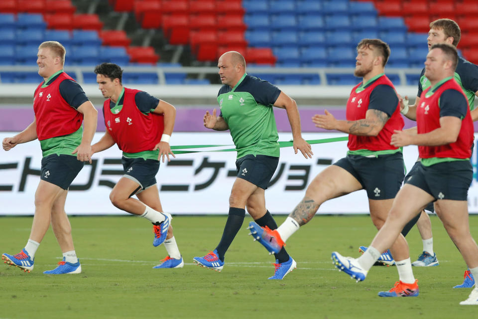Ireland rugby team members train ahead of their Rugby World Cup match against Scotland, in Yokohama, near Tokyo Friday, Sept. 20, 2019. (Kyodo News via AP)