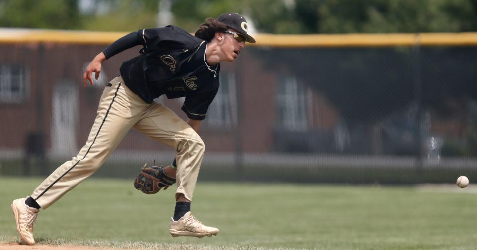 Delphi Oracles Chase Alamger (5) goes after a ground ball during the IHSAA baseball game against the Northwestern Tigers, Saturday, May 6, 2023, at Delphi Community High School in Delphi, Ind. Northwestern Tigers won 11-2.