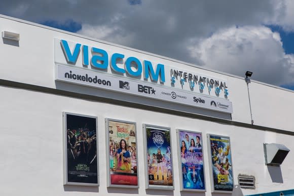 Building with Viacom logo and current movie and television offerings on posters.