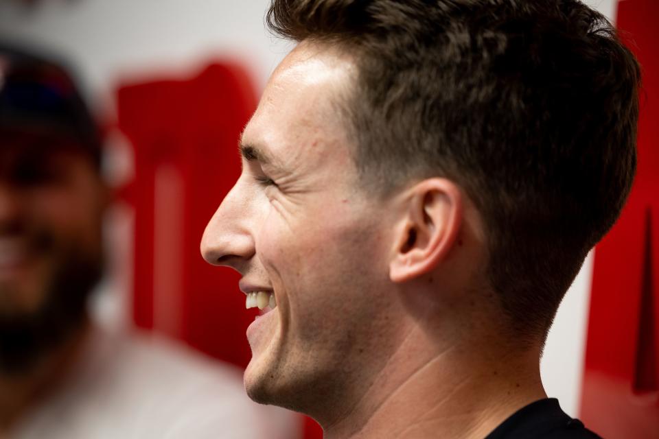 Tyler Bradbury, a junior attacker on the Utah lacrosse team, talks to reporters at the Jon M. and Karen Huntsman Basketball Facility in Salt Lake City on Monday, May 8, 2023, ahead of the team’s first ever trip to the NCAA tournament. | Spenser Heaps, Deseret News