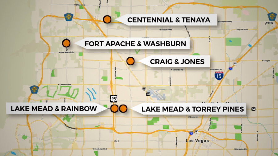 <em>A map of the areas where sources say the teenagers allegedly committed crimes on the morning of Aug. 14. (KLAS)</em>
