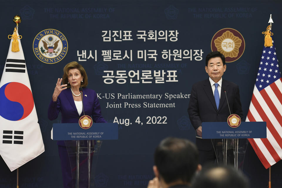 U.S. House Speaker Nancy Pelosi, left, and South Korean National Assembly Speaker Kim Jin Pyo attend a joint press announcement after their meeting at the National Assembly in Seoul, Thursday, Aug. 4, 2022. (Kim Min-Hee/Pool Photo via AP)