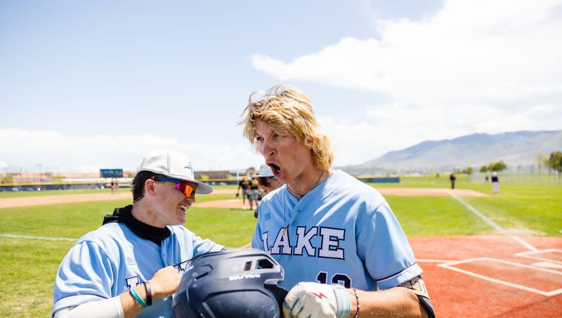 Westlake’s Landyn Fullmer celebrates after a home run during the first round of the 6A boys baseball state playoffs at Westlake High School in Saratoga Springs on Monday, May 15, 2023.