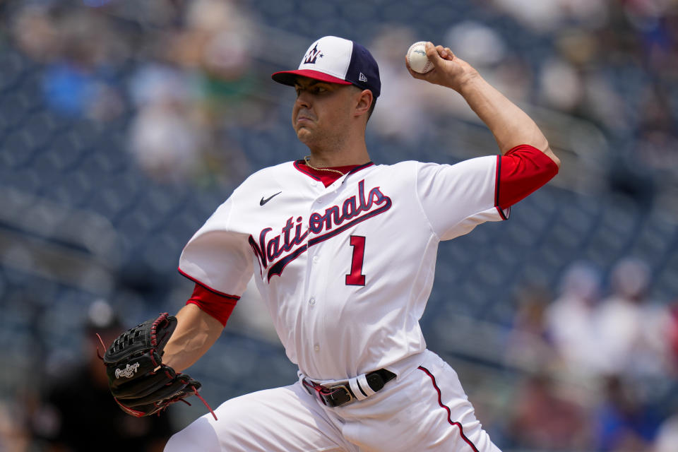 Washington Nationals starting pitcher MacKenzie Gore throws during the third inning of a baseball game against the Milwaukee Brewers at Nationals Park, Wednesday, Aug. 2, 2023, in Washington. (AP Photo/Alex Brandon)