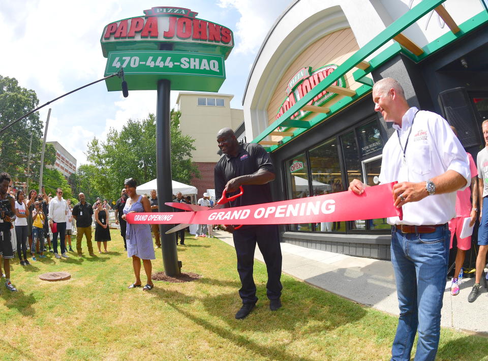 ATLANTA, GA - AUGUST 24:  Keisha Lance Bottoms, Steve Ritchie and Shaquille O'Neal attend Shaq's Papa John's Pizza Grand Opening on August 24, 2019 in Atlanta, Georgia. (Prince Williams/Wireimage)