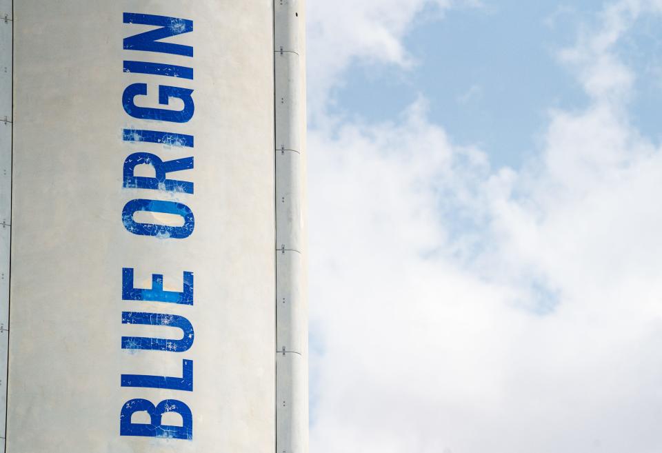 The Blue Origin logotype is seen on the side of a New Shepard rocket in Texas after founder Jeff Bezos flew to space with three others in July 2021.