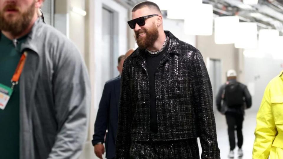 Travis Kelce walks through the tunnel as he leaves the stadium after defeating the San Francisco 49ers during Super Bowl LVIII in Las Vegas (Credit: Steph Chambers/Getty Images)