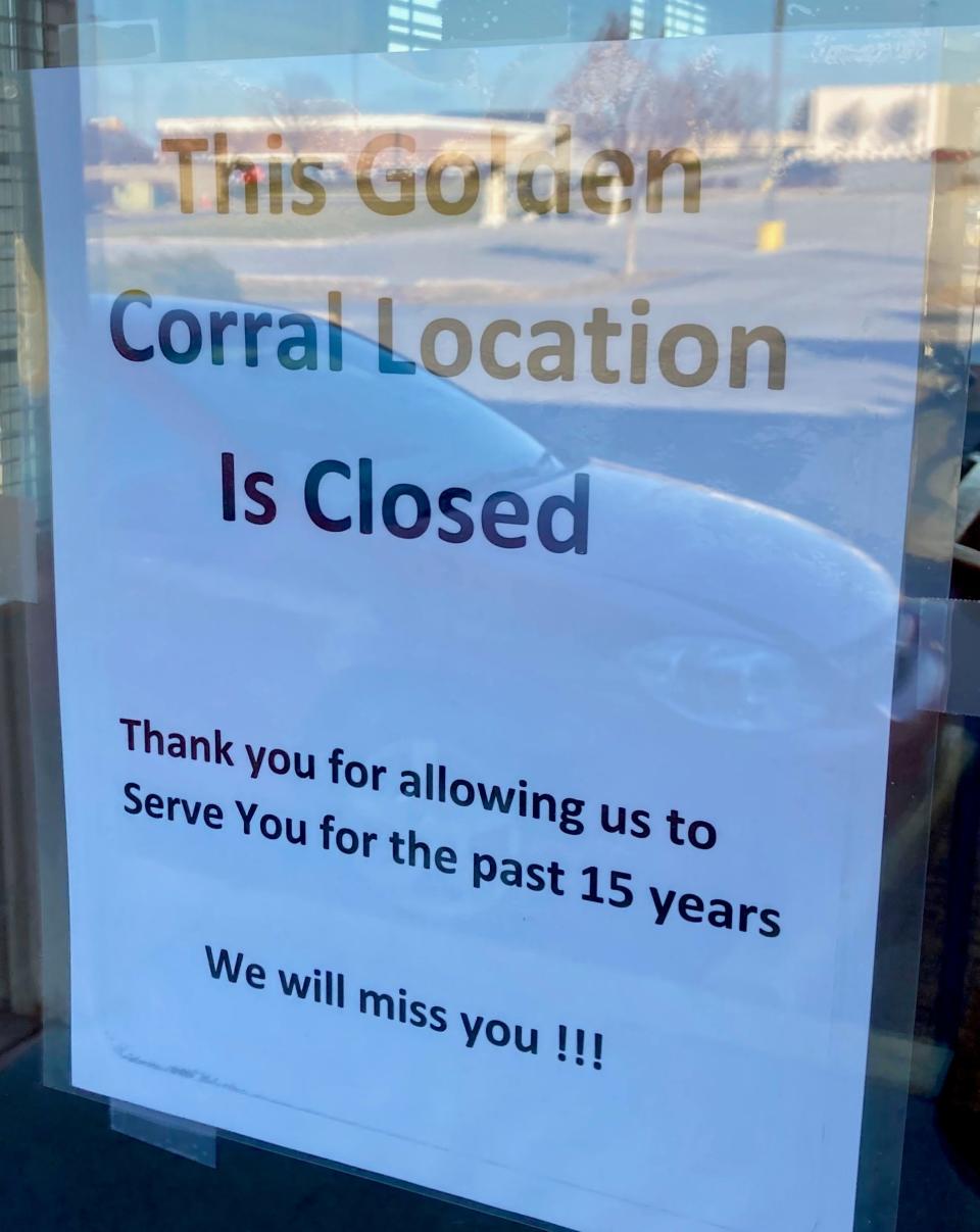 Signs posted on the doors to the Golden Corral Buffet & Grill near Valley Mall, on Tuesday, note the restaurant has closed.