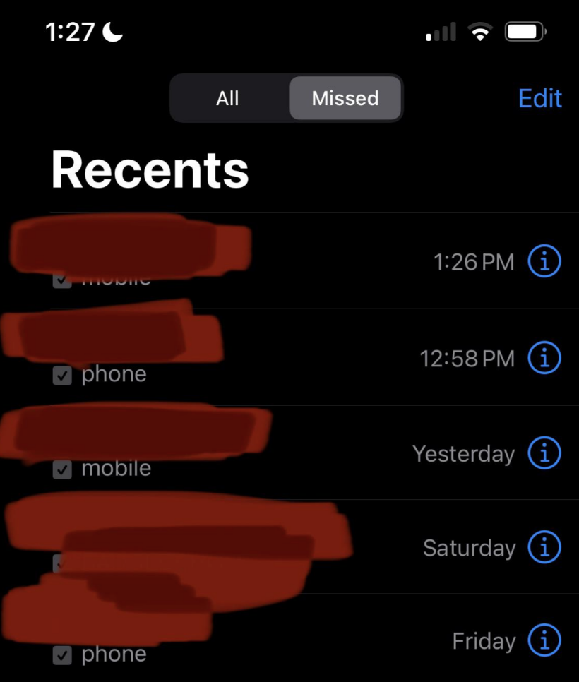 A screen showing missed calls
