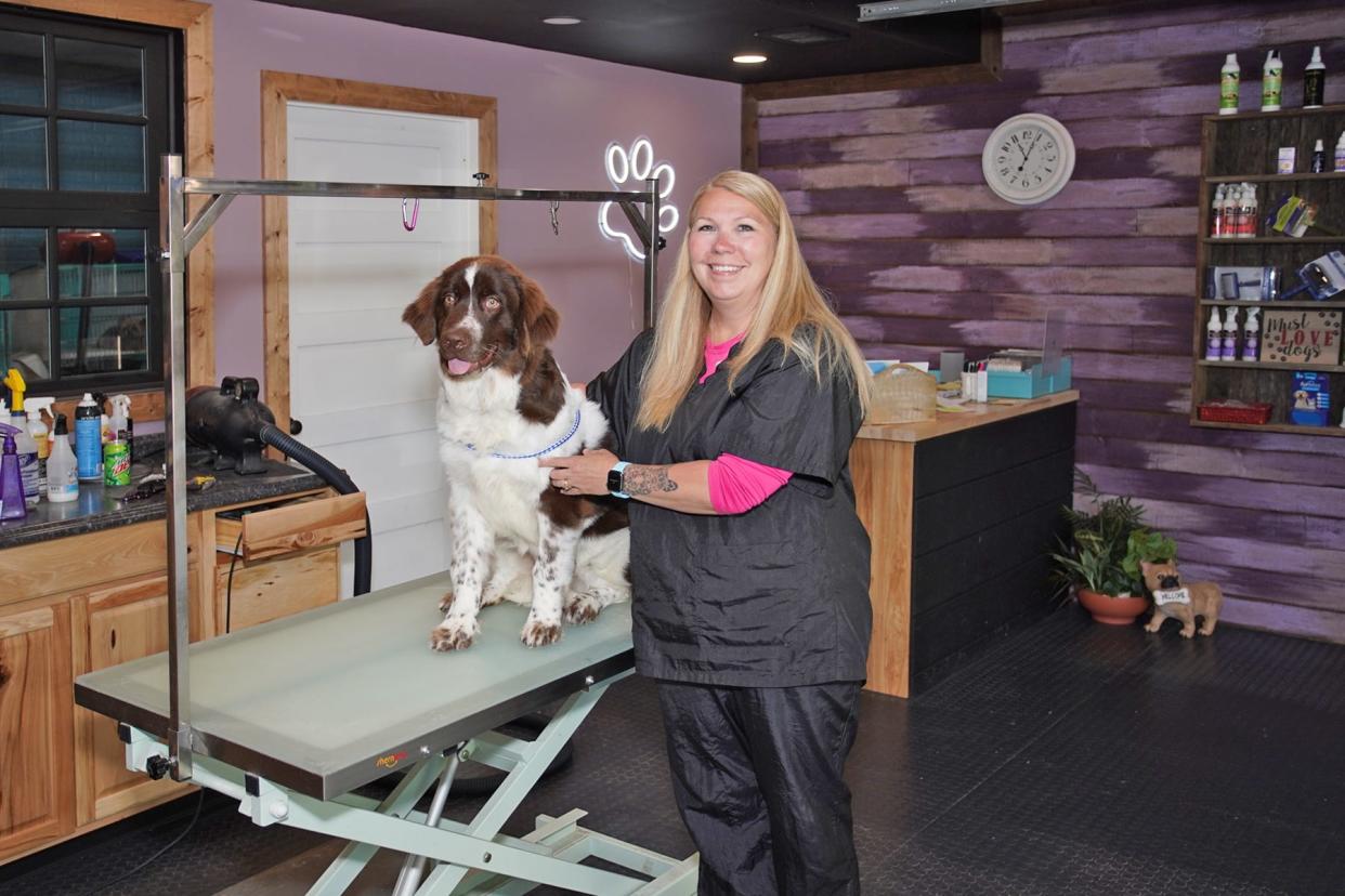 Bow Wow Meow Pet Grooming shop owner Julie White is pictured with the 5-month-old Newfoundland, Twist, at her new shop at her home just outside Clinton.