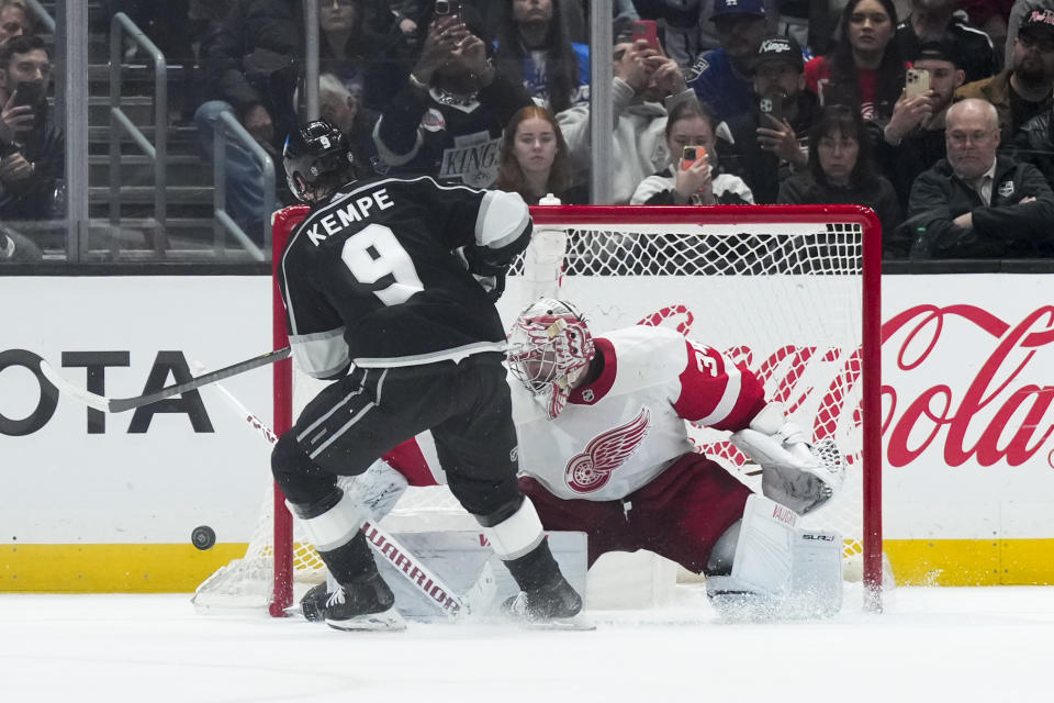 Detroit Red Wings goaltender Alex Lyon makes a save against Los Angeles Kings right wing Adrian Kempe during the shootout in an NHL hockey game Thursday, Jan. 4, 2024, in Los Angeles. The Red Wings won 4-3. (AP Photo/Jae C. Hong)