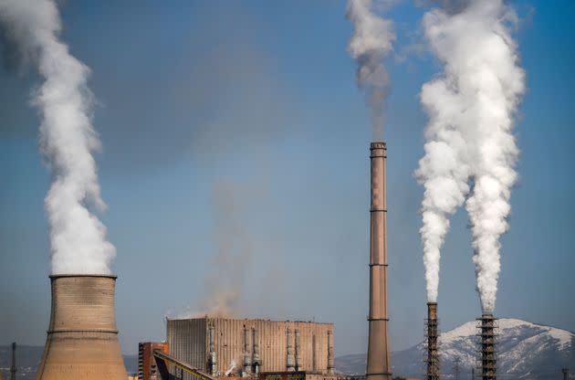 A picture taken on March 25 shows smoke and vapor billowing from the Bobov Dol Thermal Power Plant, a coal plant in Bulgaria. (Photo: NIKOLAY DOYCHINOV via Getty Images)