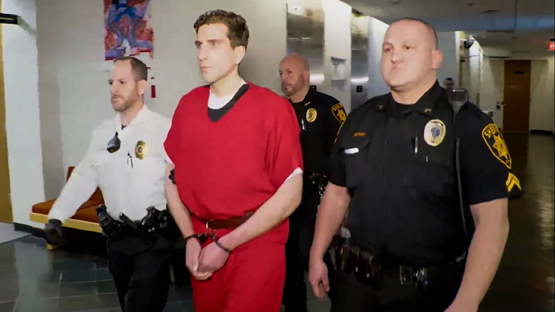 Bryan C. Kohberger is led to a courtroom in Pennsylvania for an extradition hearing to be moved to Idaho as a suspect in the stabbing deaths of four University of Idaho students.