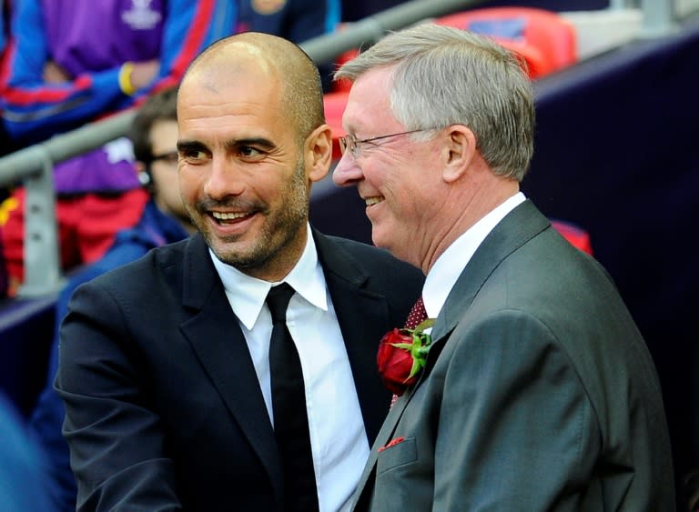 Pep Guardiola is pictured with Alex Ferguson during the UEFA Champions League final football in 2011