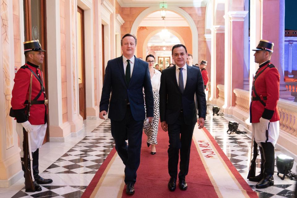 Foreign Secretary Lord David Cameron (left) meets Foreign Minister Ruben Ramirez Lezcano at the Palacio Lopez in Asuncion during his visit to Paraguay (PA)