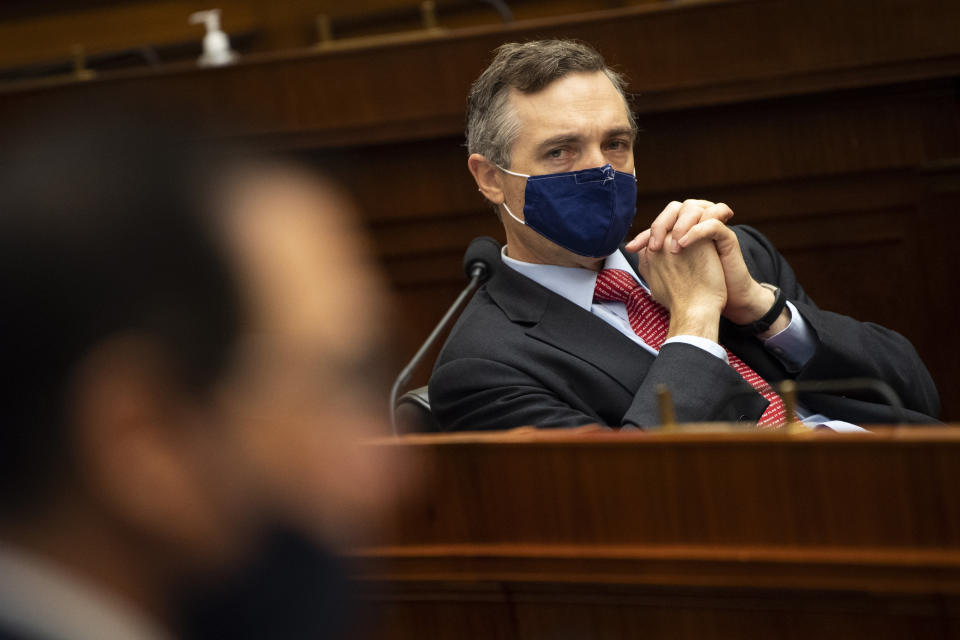 FILE - Rep. Van Taylor, R-Texas, listens during a House Financial Services Committee hearing on Capitol Hill in Washington, Sept. 22, 2020. The 2022 midterm election season opens Tuesday, March 1, in Texas. Taylor is seen as vulnerable in his GOP-dominant district for criticizing the Jan. 6 insurrection and voting to certify Trump's loss in the 2020 election. (Caroline Brehman/Pool via AP, File)