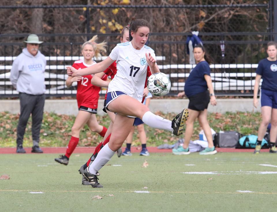 MMU's Sydney Conk traps the ball during the Cougars 1-0 loss to CVU in the D1 Championship game on Sunday afternoon at Norwich University.