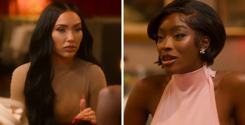 Bre Tiesi and Chelsea Lazkani from "Sell ​​sunset" Season 8 are shown in conversation. Raven has long hair and a long-sleeved top, while SK wears a sleeveless top