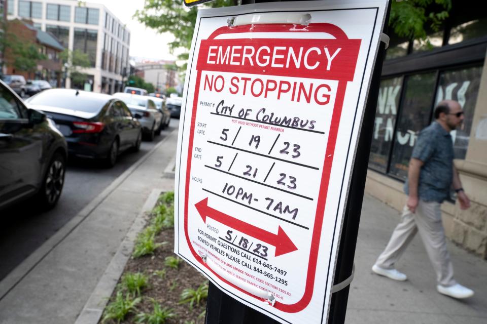 May 18, 2023; Columbus, Ohio, USA;  A police order with parking restrictions issued by Columbus police Chief Elaine Bryant in response to two recent shootings in the Short North is seen on North High Street in Columbus, Ohio on May 18, 2023. 