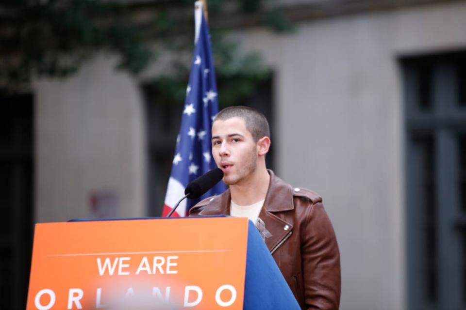 <div class="inline-image__caption"><p>Nick Jonas speaks on Christopher Street in front of the historic Stonewall Inn to lead a vigil in solidarity with the victims of the Orlando Pulse nightclub massacre. </p></div> <div class="inline-image__credit">Andy Katz/Pacific Press/LightRocket via Getty</div>