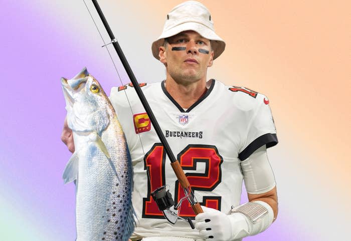 Tom Brady in uniform, holding a fishing rod