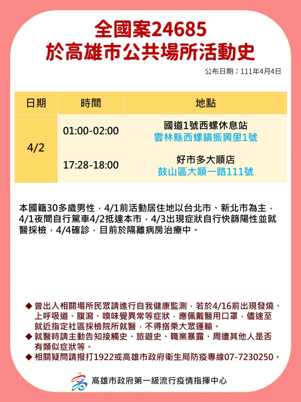 全國案24685於高雄市公共場所活動史。（圖／高雄市政府）