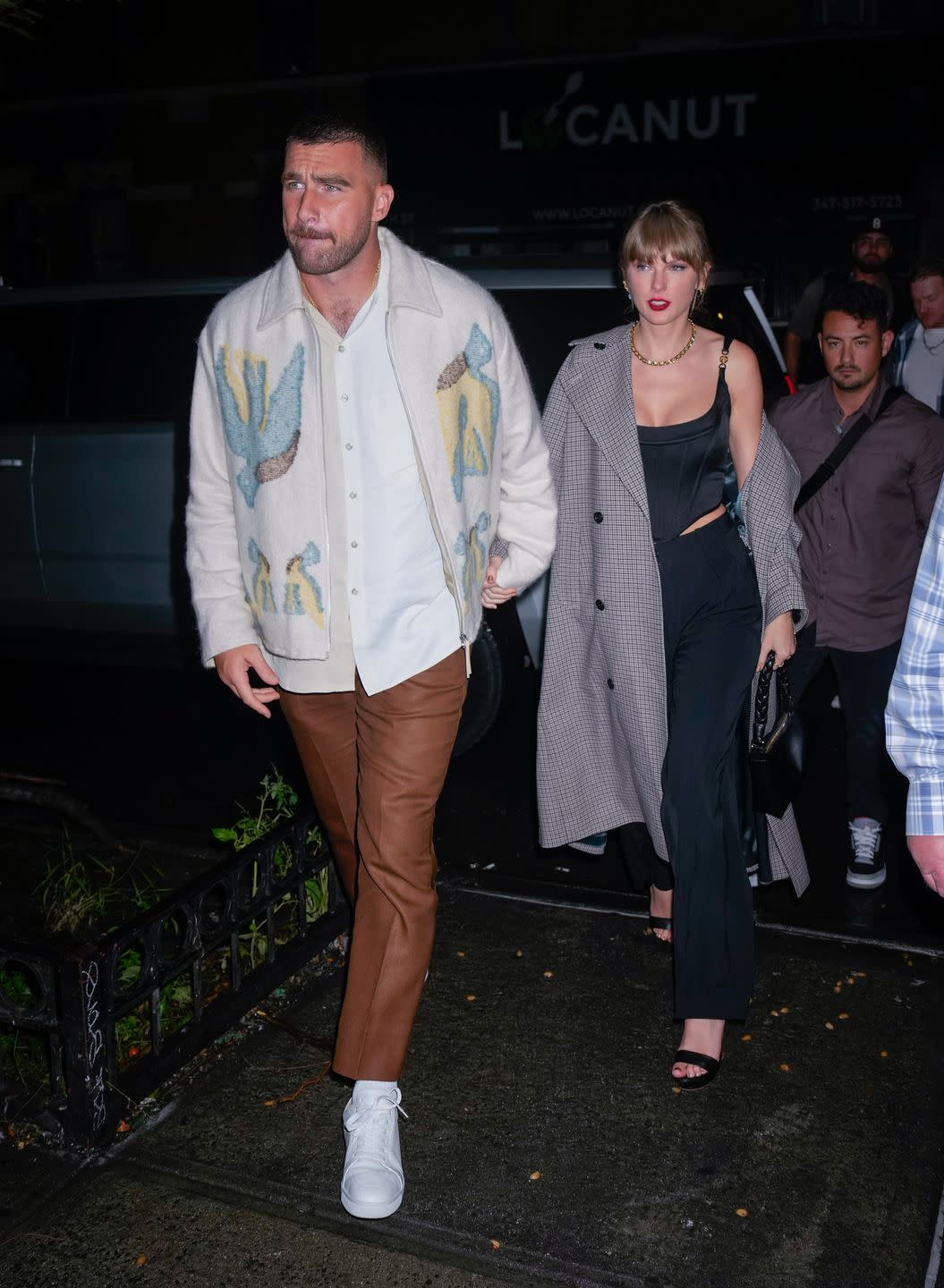 new york, new york october 15 travis kelce and taylor swift arrive at snl afterparty on october 15, 2023 in new york city photo by gothamgc images