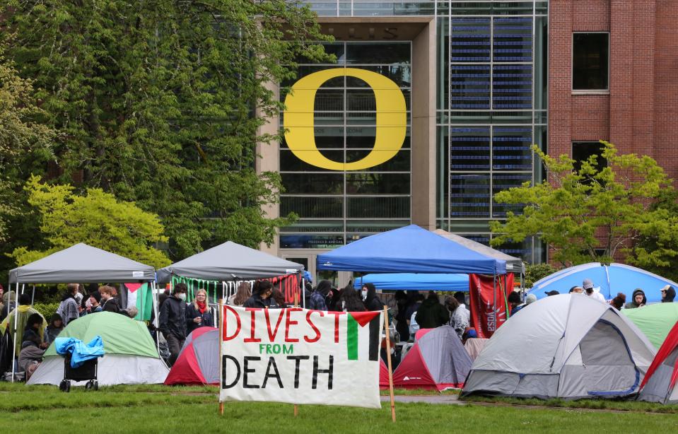 A coalition of University of Oregon student groups join forces to set up a camp on at the UO demanding justice in the Palestinian territories. On Monday morning April 29, 2024 over 30 tents and other structures were in place between Lillis Hall and the Knight Library on the UO campus in Eugene.