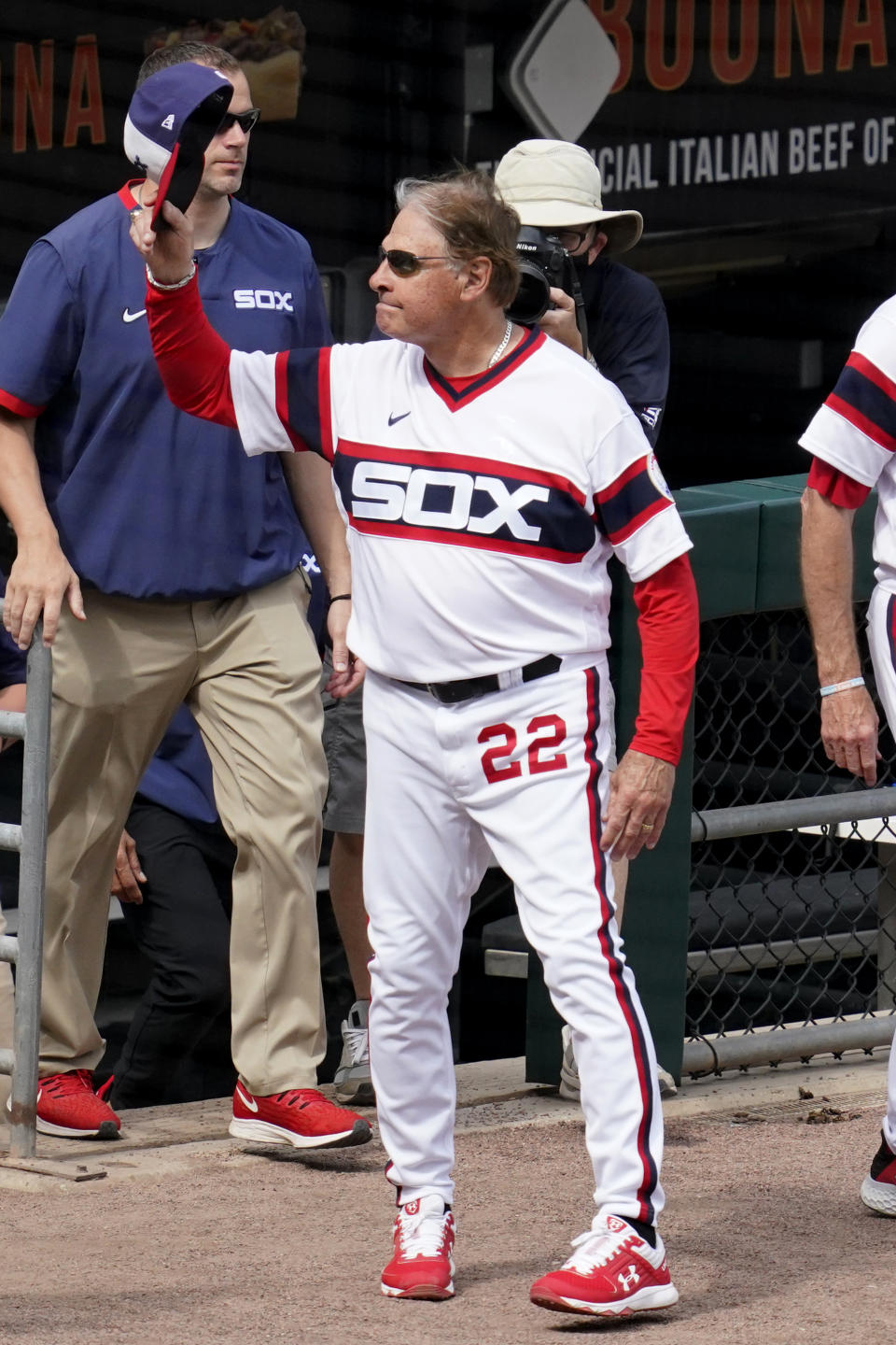 Chicago White Sox manager Tony La Russa waves to fans after the Chicago White Sox defeated the Detroit Tigers in a baseball game in Chicago, Sunday, June 6, 2021. Tony La Russa is second on the managerial career wins list with 2, 764. (AP Photo/Nam Y. Huh)