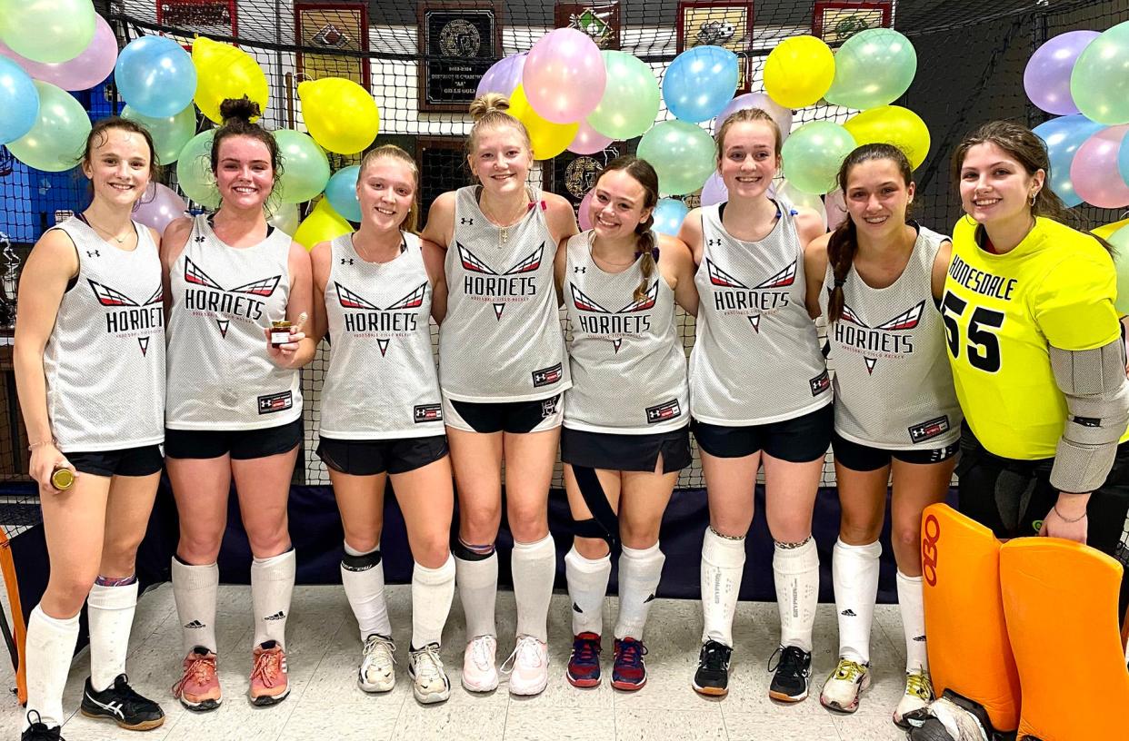 The Queen Bees captured the High School Division team title at the 26th Annual Honesdale Indoor Field Hockey Tournament. Pictured are (from left): Roz Mikulak, Brynn Newbon, Claire Campen, Roz Maciejewski, Jillian Joey, Miranda Roegner, Claire Goldstein, Bridget Murray.