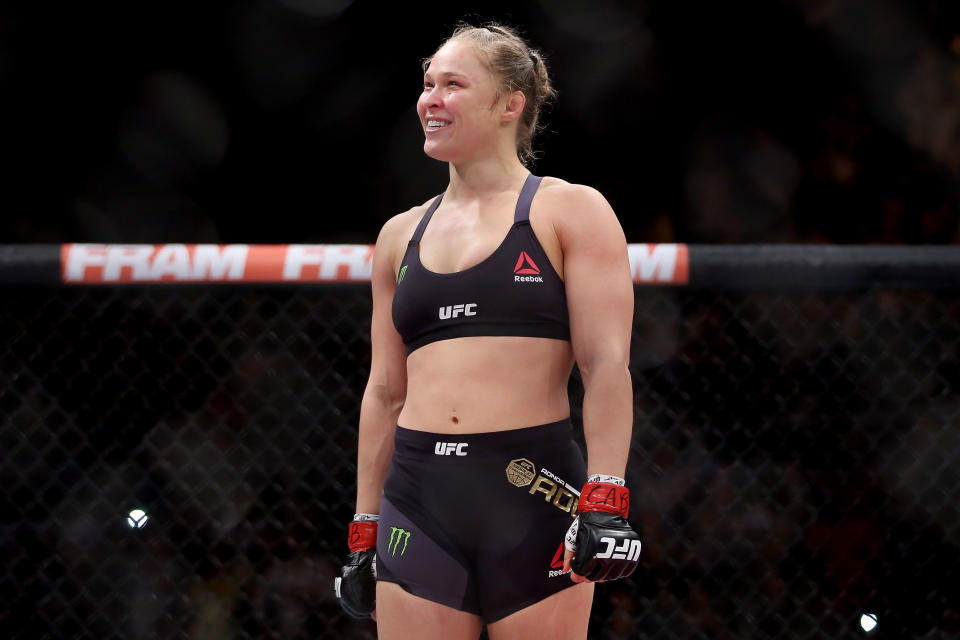 RIO DE JANEIRO, BRAZIL - AUGUST 01:  Ronda Rousey of the United States defeats Bethe Correia of Brazil in their bantamweight title fight during the UFC 190 Rousey v Correia at HSBC Arena on August 1, 2015 in Rio de Janeiro, Brazil.  (Photo by Matthew Stockman/Getty Images)