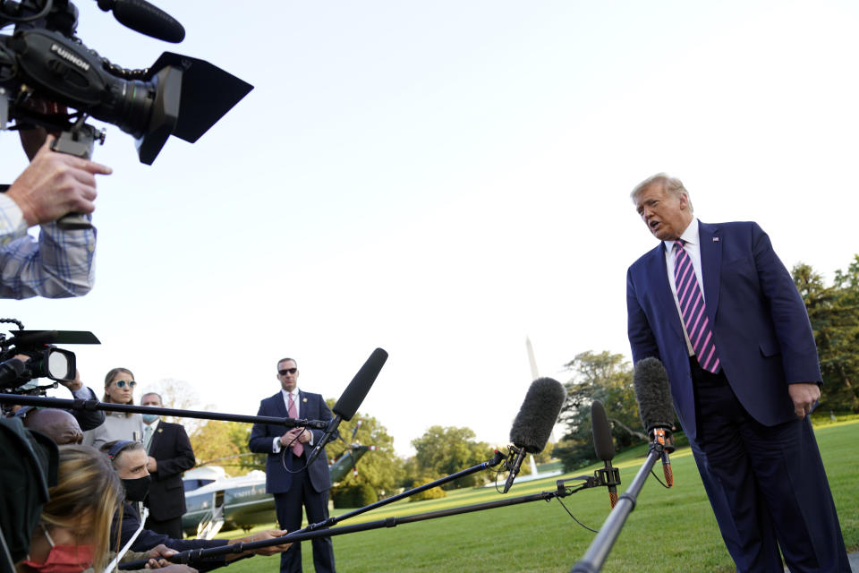 President Donald Trump speaks to reporters on the South Lawn of the White House, Tuesday, Sept. 22, 2020, before leaving for a short trip to Andrews Air Force Base, Md., and then onto Pittsburgh for a campaign rally. (AP Photo/Andrew Harnik)