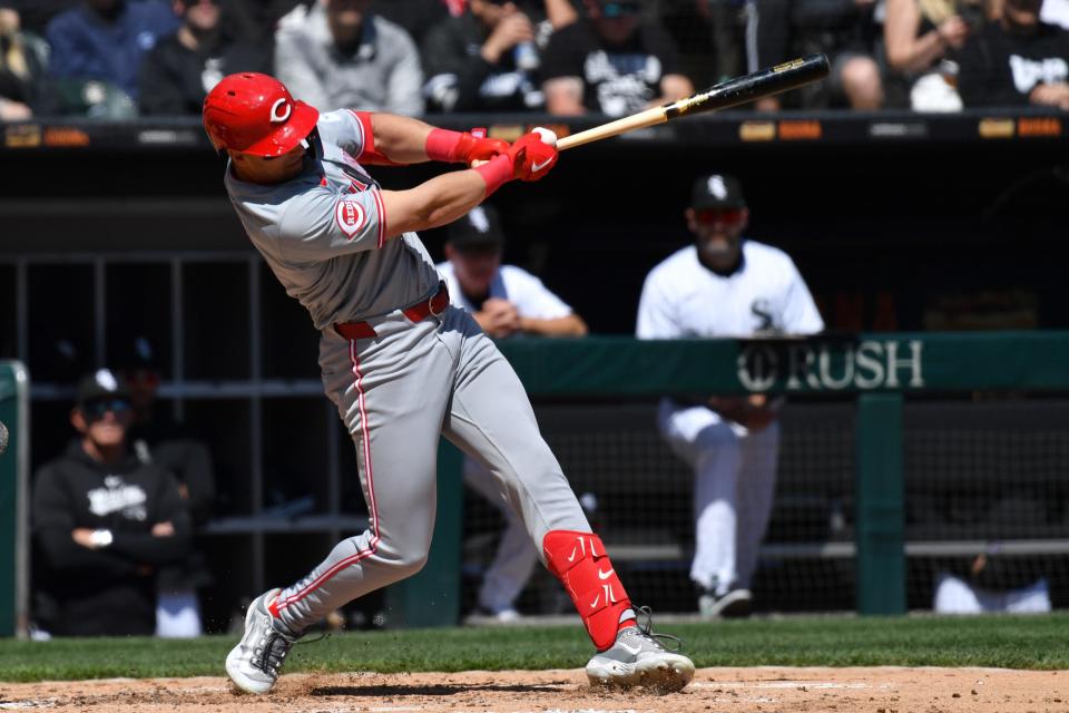 Spencer Steer connects on his three-run double in the the second inning that gave Nick Lodolo a five-run cushion in his first start in nearly a year.