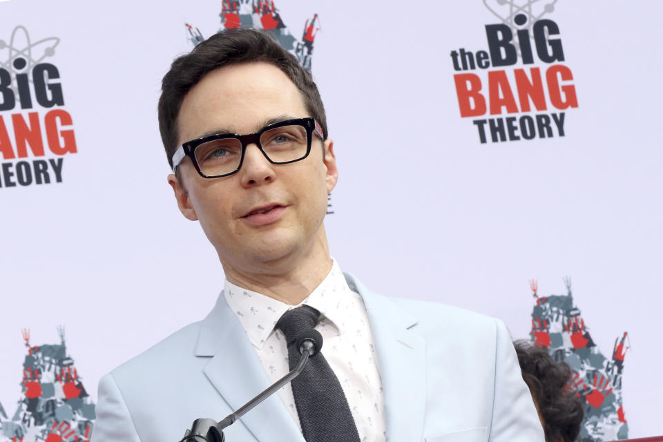 Jim Parsons, member of the cast of the TV series "The Big Bang Theory" speaks at the handprint in cement ceremony at the TCL Chinese Theatre on Wednesday, May 1, 2019 at in Los Angeles. (Photo by Willy Sanjuan/Invision/AP)