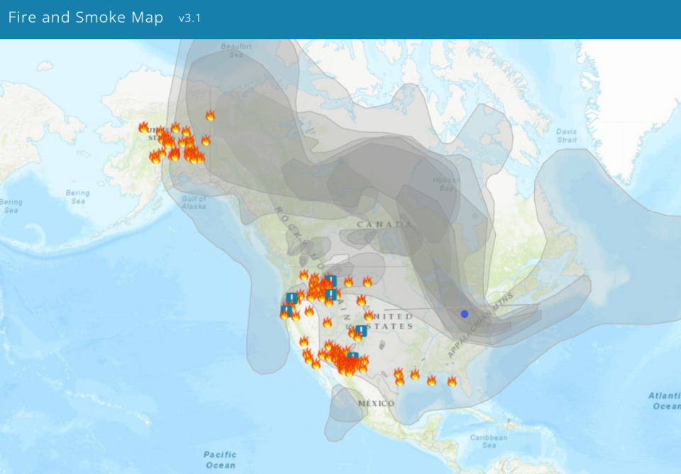 A screenshot of the AirNow smoke map that shows a series of wildfires contributing to poor air quality in Ohio.