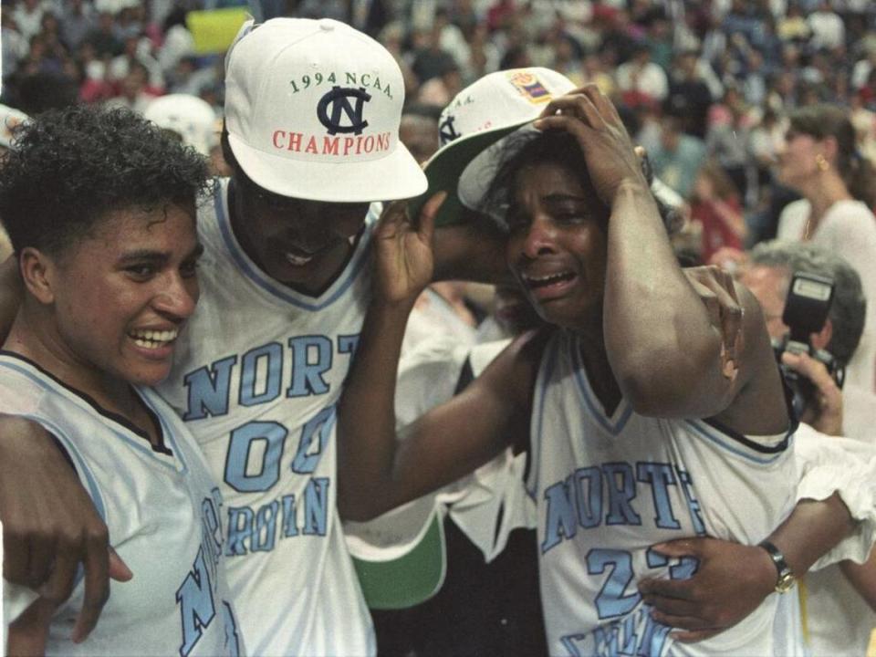 UNC’s Tonya Sampson, Sylvia Crawley and Charlotte Smith (from left) celebrate the Tar Heels’ 1994 NCAA national championship on April, 3, 1994 in Richmond, Virginia. Smith’s last-second 3-pointer gave UNC a one-point win in the title game over Louisiana Tech.