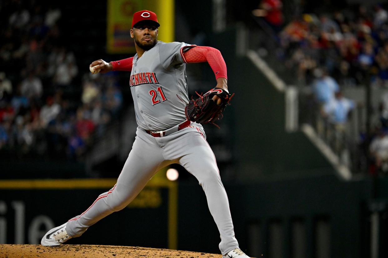 Apr 27, 2024; Arlington, Texas, USA; Cincinnati Reds starting pitcher Hunter Greene (21) pitches against the Texas Rangers during the third inning at Globe Life Field. Mandatory Credit: Jerome Miron-USA TODAY Sports