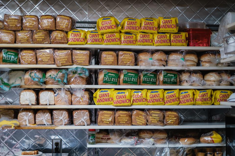 Bread fills shelves in the kitchen at Rosalie's Restaurant in Strasburg.