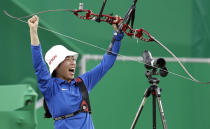 <p>Taiwan’s Tan Ya-ting celebrates after winning the bronze medal match at the women’s team archery competition at the Sambadrome venue during the 2016 Summer Olympics in Rio de Janeiro, Brazil, Sunday, Aug. 7, 2016. (AP Photo/Natacha Pisarenko) </p>