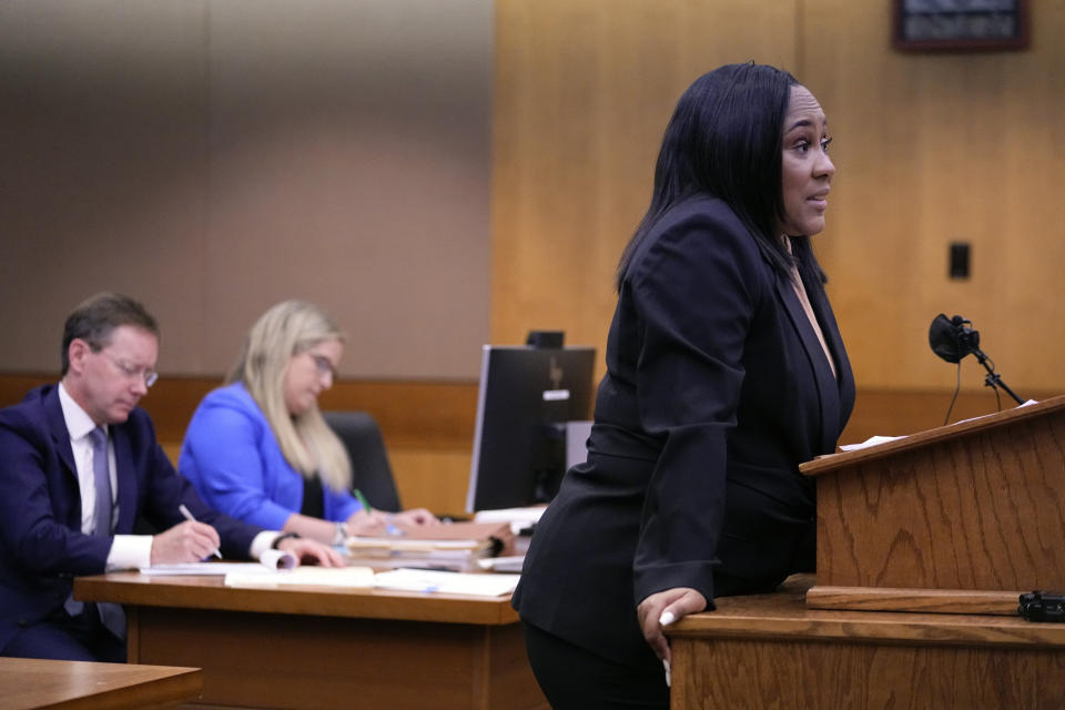 Fulton County District Attorney Fani Willis argues against the release of the final report by a special grand jury looking into possible interference in the 2020 presidential election Tuesday, Jan. 24, 2023, in Atlanta. (AP Photo/John Bazemore)