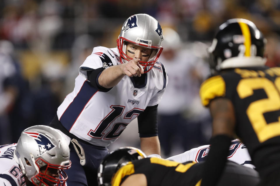 New England Patriots quarterback Tom Brady (12) lines up behind center during the second half of an NFL football game against the Pittsburgh Steelers in Pittsburgh, Sunday, Dec. 16, 2018. The Steelers won 17-10. (AP Photo/Keith Srakocic)