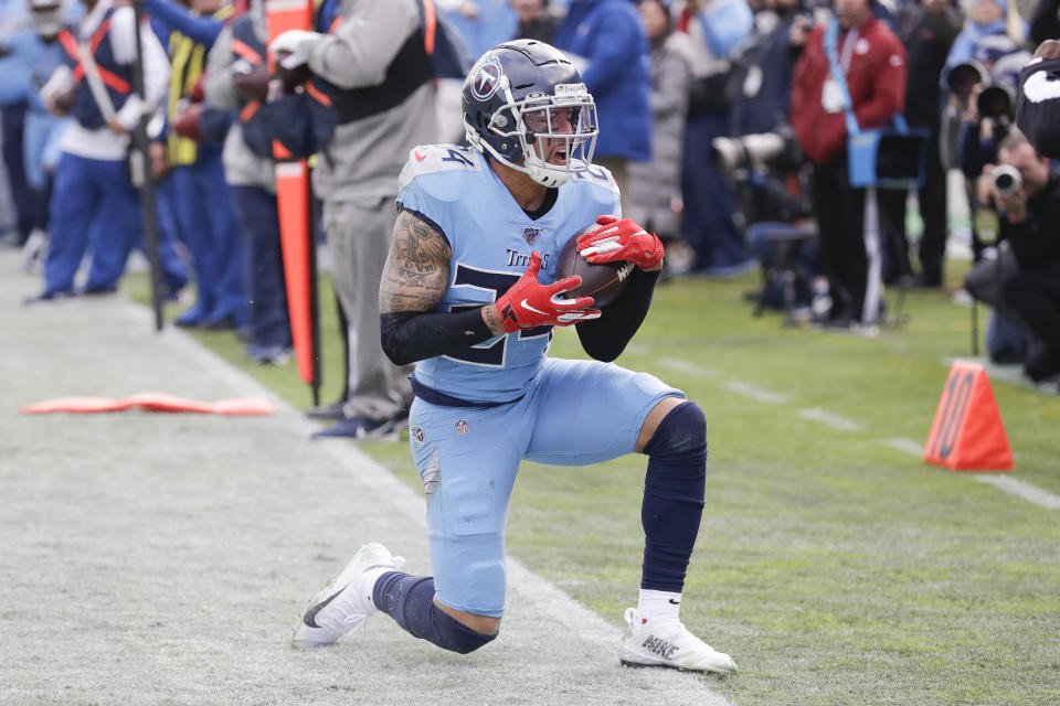 Tennessee Titans strong safety Kenny Vaccaro gets up after intercepting a pass against the Houston Texans in the first half of an NFL football game Sunday, Dec. 15, 2019, in Nashville, Tenn. (AP Photo/James Kenney)