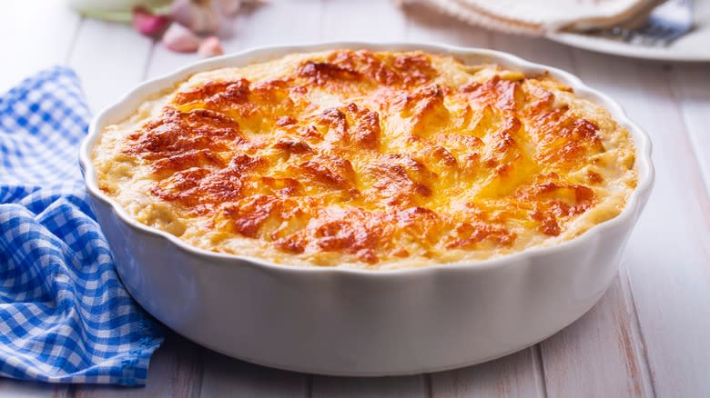 poatoes gratin white casserole dish