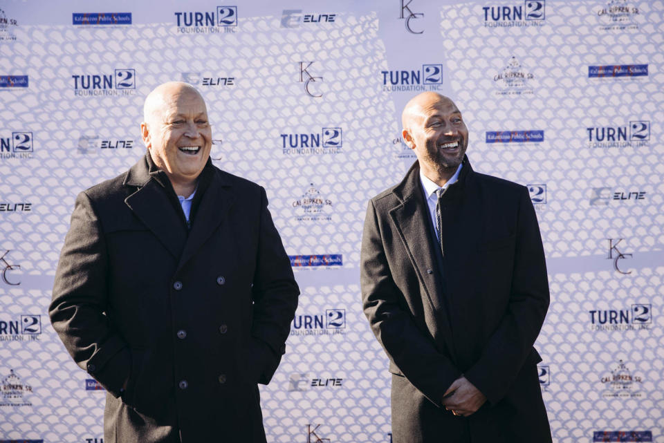 Derek Jeter and Cal Ripken Jr. laugh during ribbon-cutting ceremony for new Kalamazoo fields. (Taylor Baucom / Turn 2 Foundation)