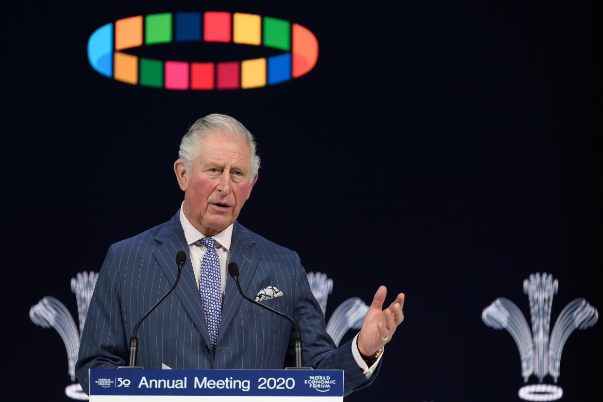 Britain's Prince Charles, Prince of Wales, delivers a speech at the World Economic Forum during the World Economic Forum (WEF) annual meeting in Davos, on January 22, 2020. (Photo by Fabrice COFFRINI / AFP) (Photo by FABRICE COFFRINI/AFP via Getty Images)