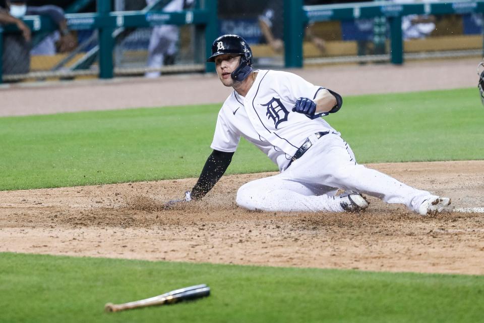 Tigers center fielder JaCoby Jones scores a run against the Cubs during the sixth inning at Comerica Park on Tuesday, Aug. 25, 2020.