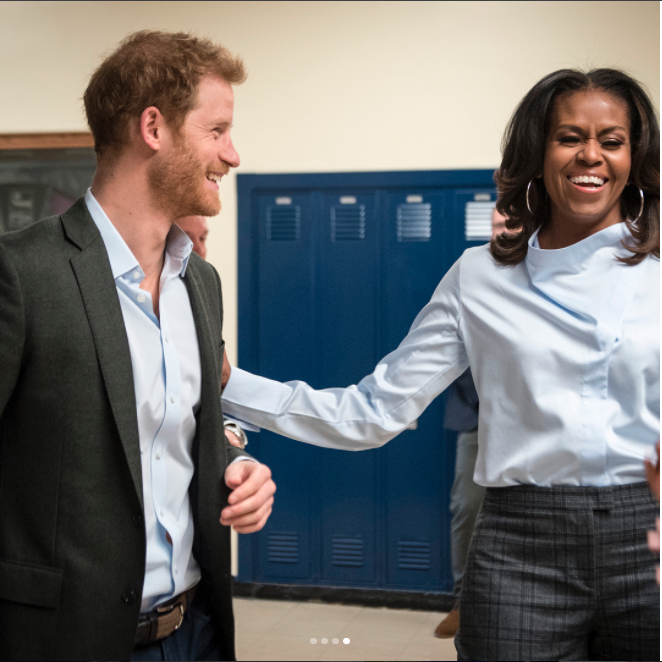 Prince Harry and Michelle Obama teamed up to visit a school in Chicago. Photo: Instagram/Christoper Dilts/The Obama Foundation