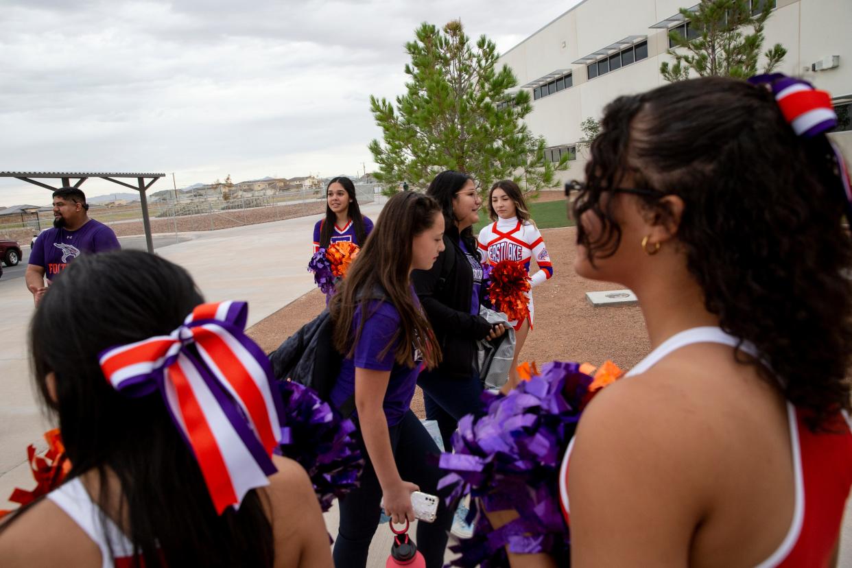 Students, parents, and teachers arrive on the fist day of school at the newly built Eastlake Middle School in the Socorro Independent School District on Monday, July 31, 2023.